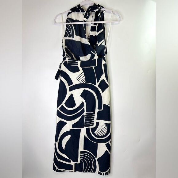 ZARA Nicole Halter Wrap Midi Dress Navy/White Print XS NEW - Picture 9 of 14
